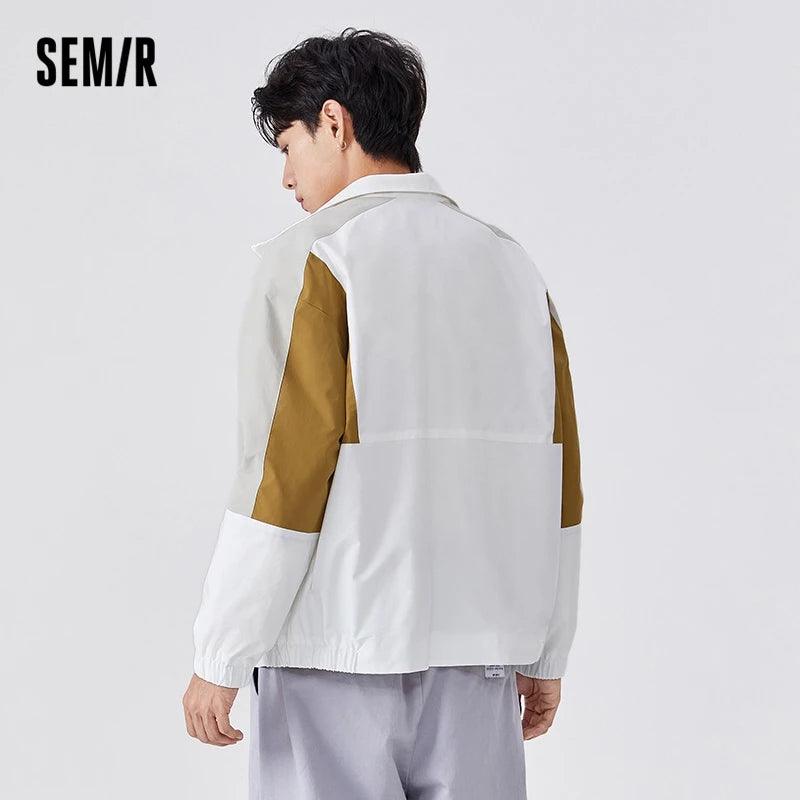 Jaqueta SEMIR Masculina 2021 Outono Tendência Nova Ins Solta Padrão Coreano Costura Contraste Gola Alta