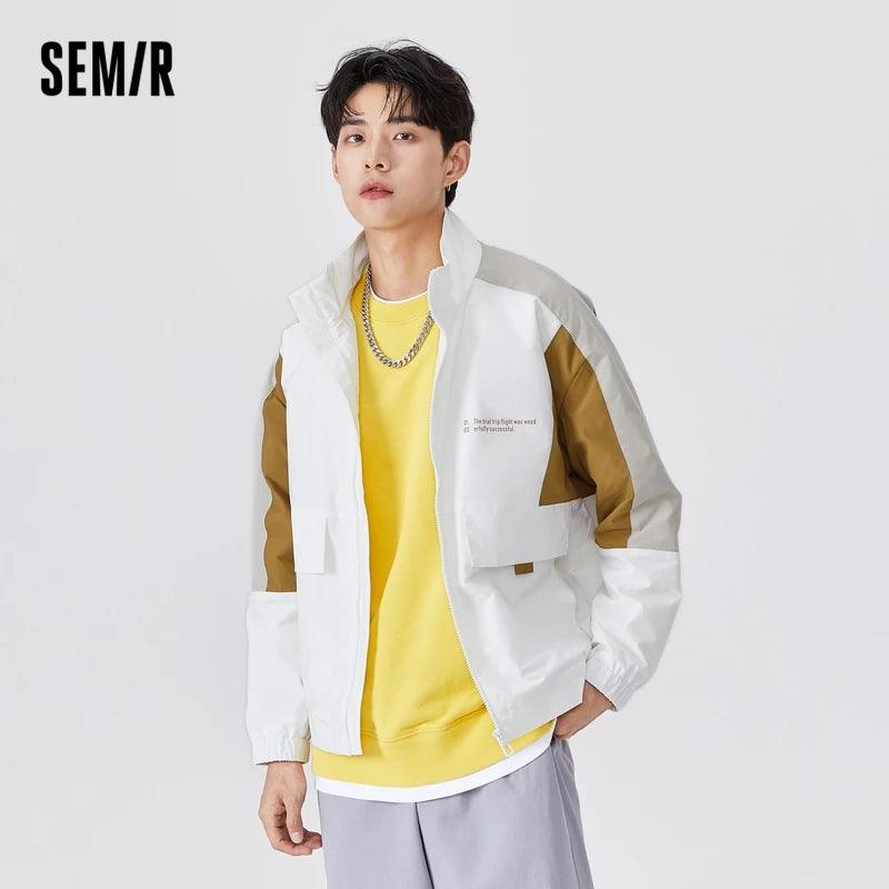 Jaqueta SEMIR Masculina 2021 Outono Tendência Nova Ins Solta Padrão Coreano Costura Contraste Gola Alta