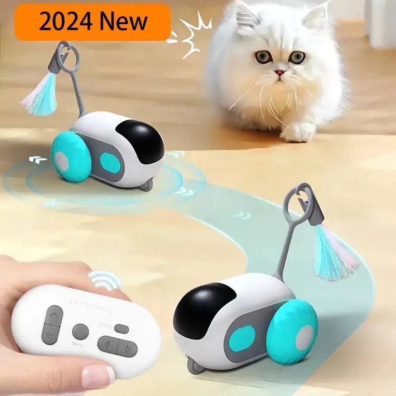 Carro de brinquedo inteligente e interativo com controle remoto e penas para gatos.